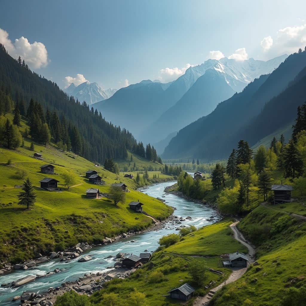 Green valley with a river, poplar trees and snow peaks in Kashmir