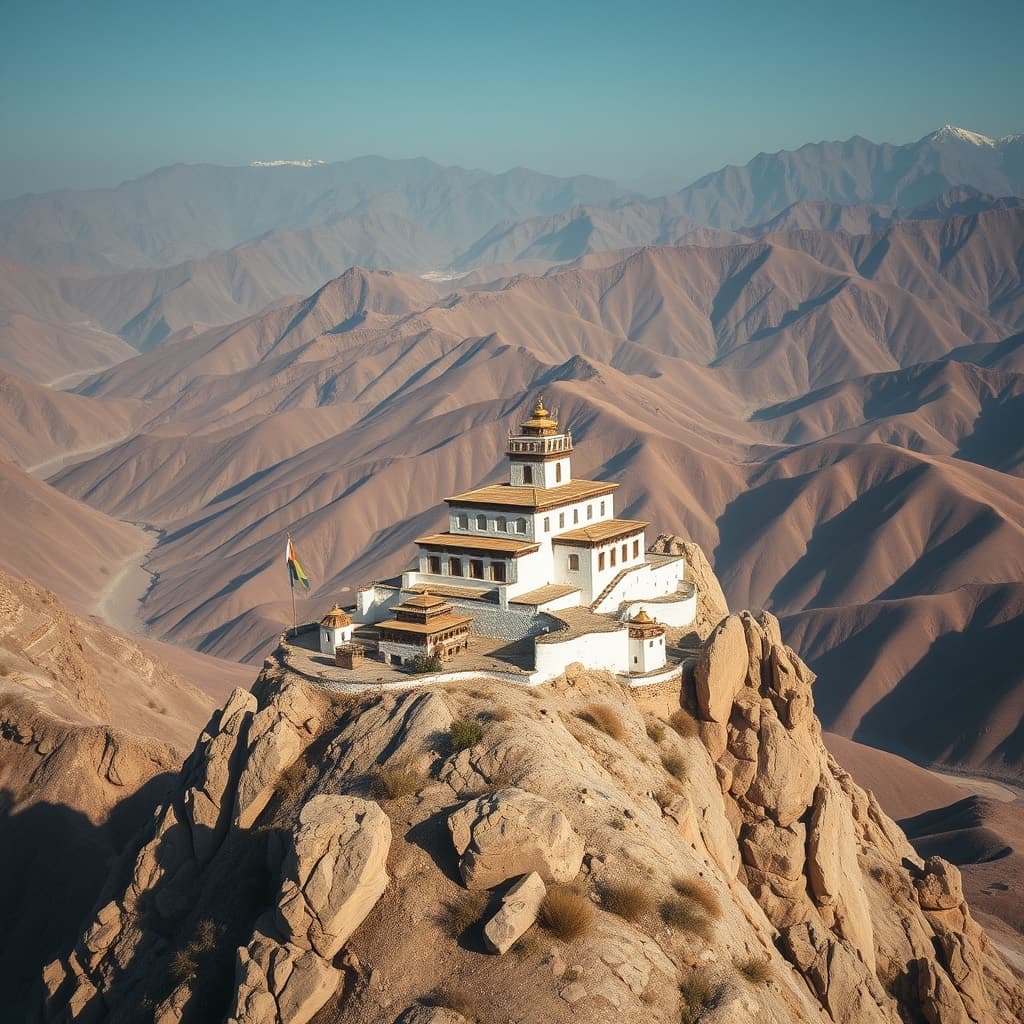 A whitewashed monastery on a rocky outcrop above the barren Ladakh range