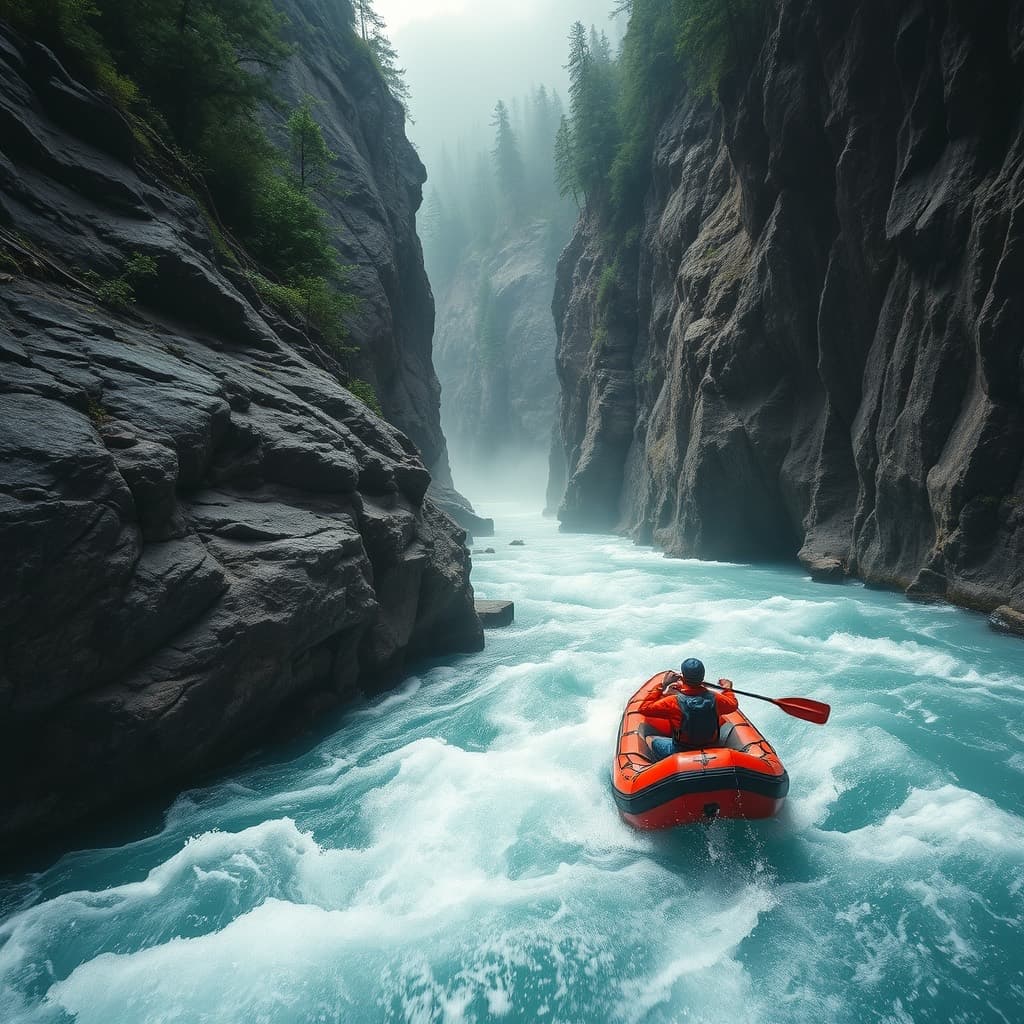 A raft in whitewater through a rocky Himalayan gorge