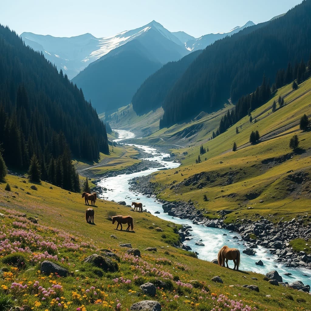 An alpine meadow with a glacier fed river and snow summits