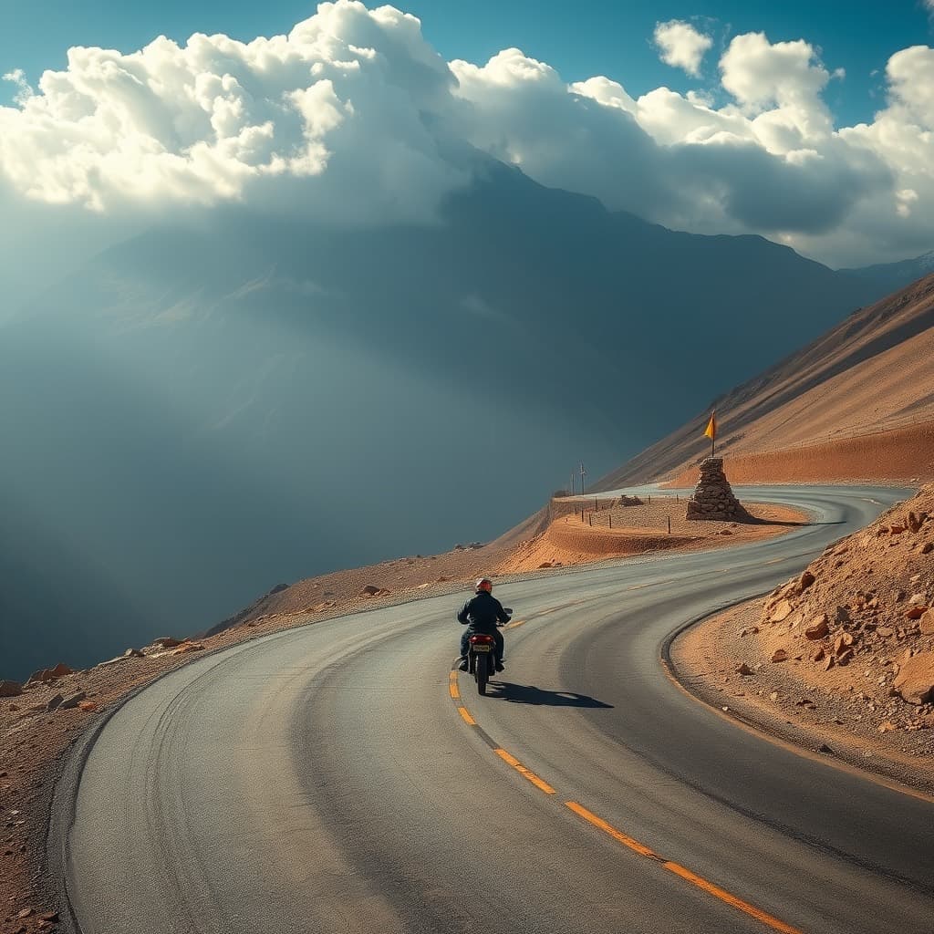 A motorcycle on an empty road curving through a high mountain pass