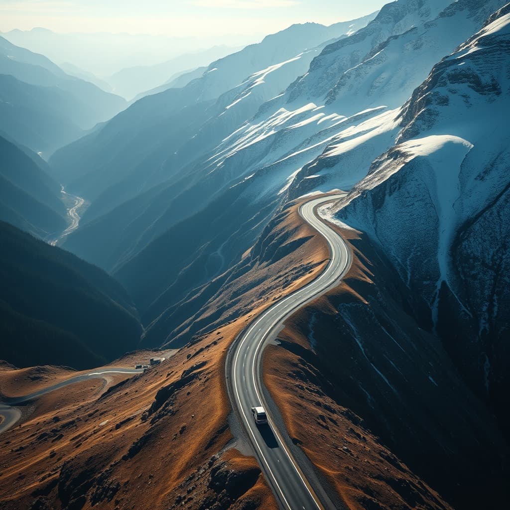 Aerial view of a road switchbacking up a snow streaked mountain pass