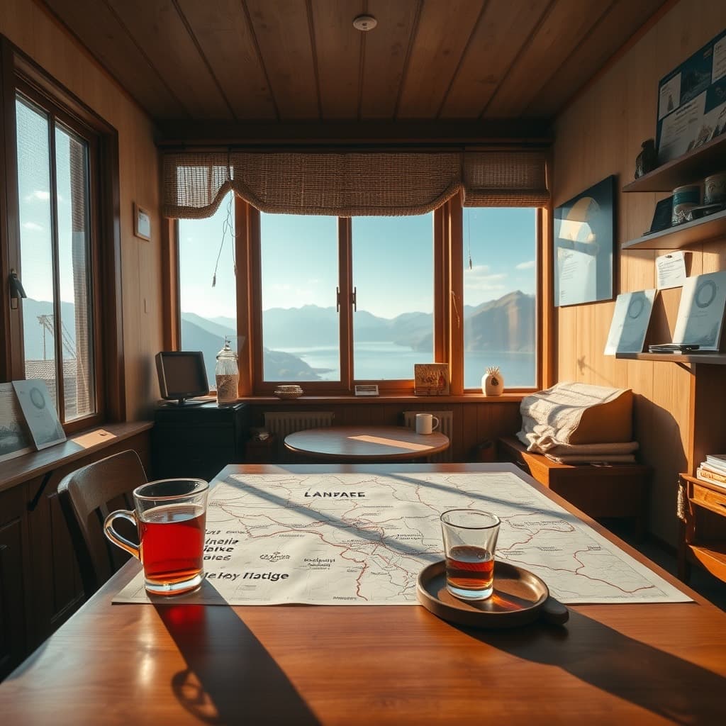 A wooden desk with paper route maps and glasses of tea, looking out onto the lake