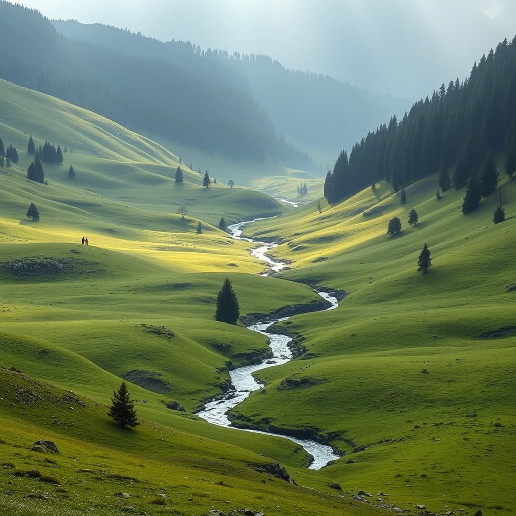 Rolling green alpine meadows with a shallow stream winding through, pine forest on the ridges