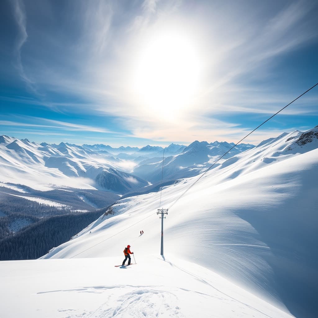 Skiers on an open snow bowl high above the treeline