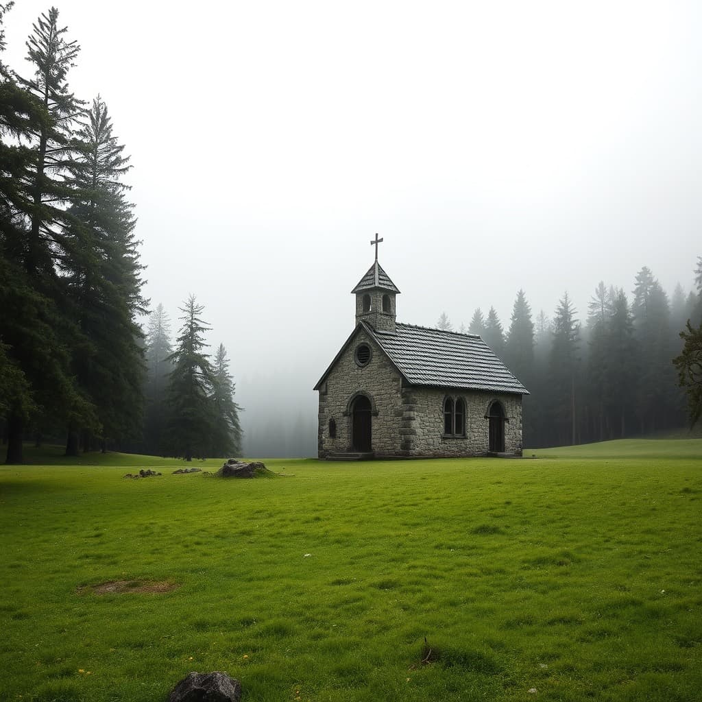 A small stone church with a shingled roof in an alpine meadow
