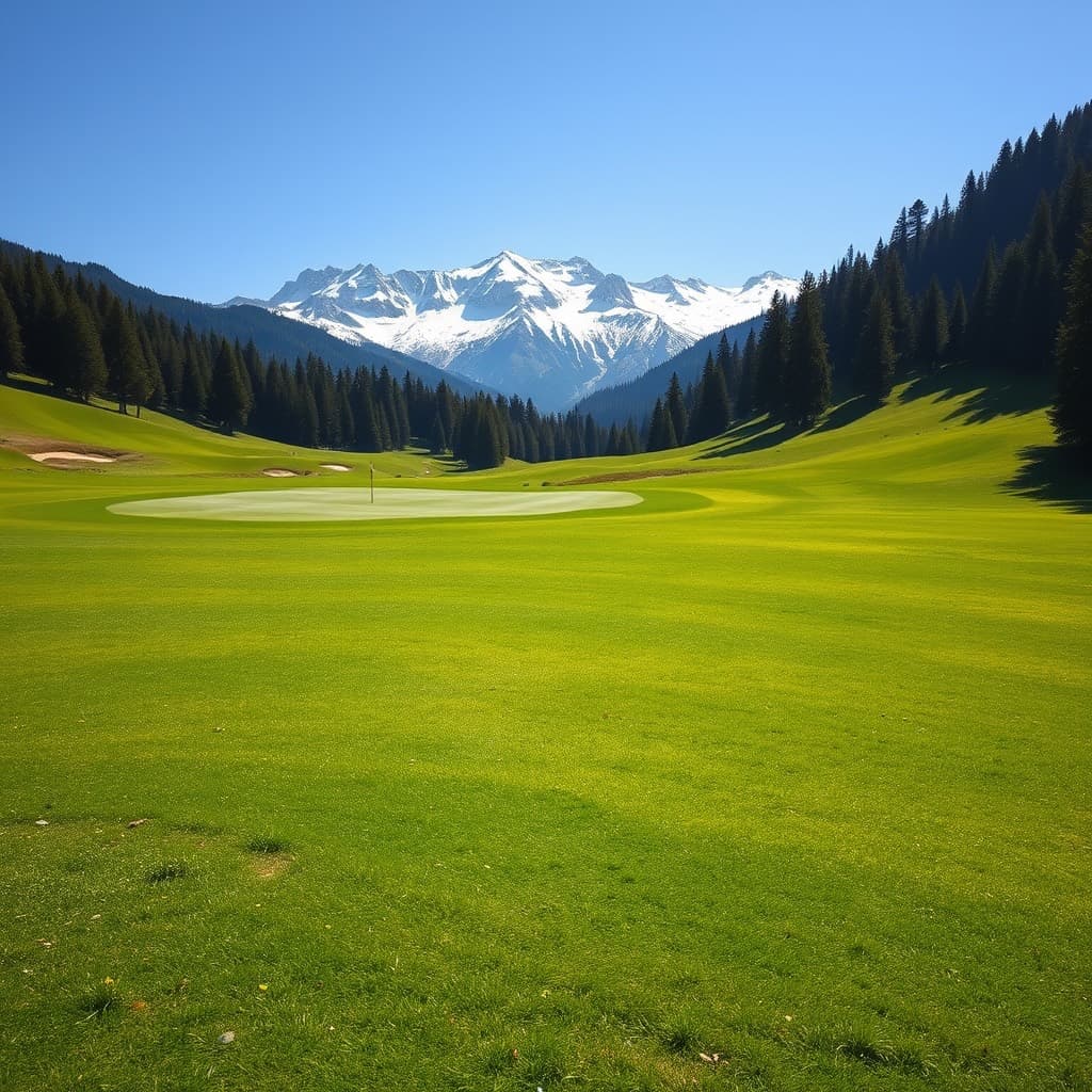 A green highland golf course with pine forest and snow peaks