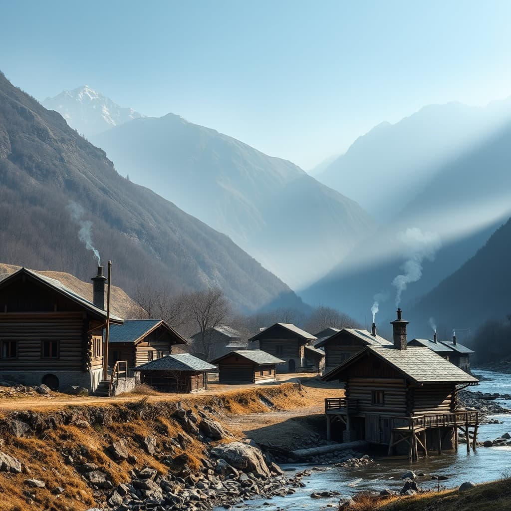 Traditional wooden houses in Dawar surrounded by mountains