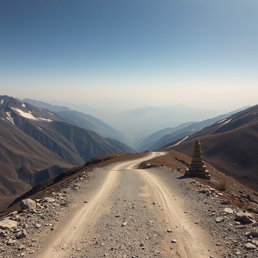 Mountain road crossing Razdan Pass with snow patches and panoramic Himalayan views