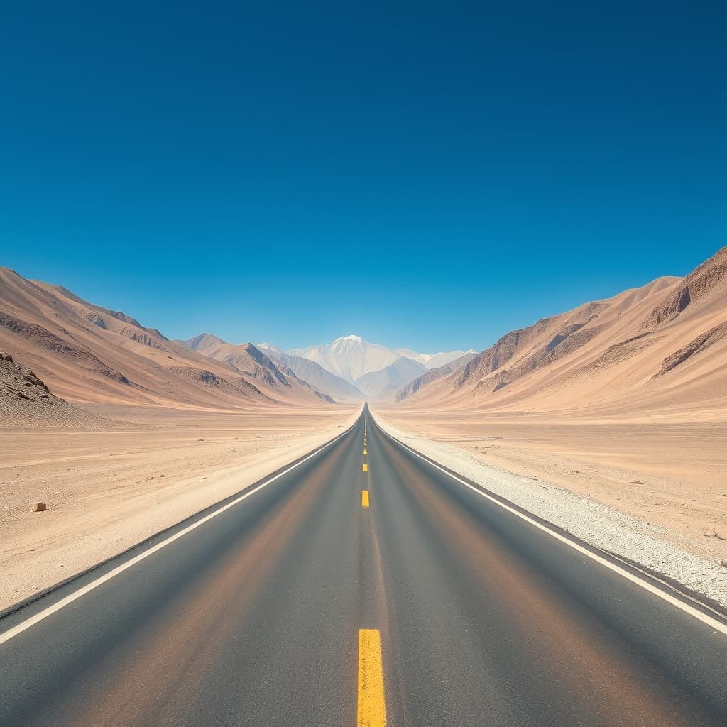 An empty road running straight through barren brown desert mountains