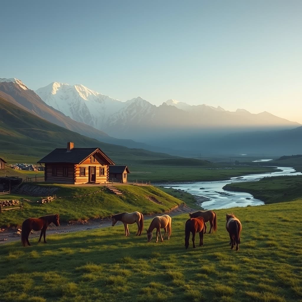 A small wooden village on a meadow beside a river with snow peaks behind