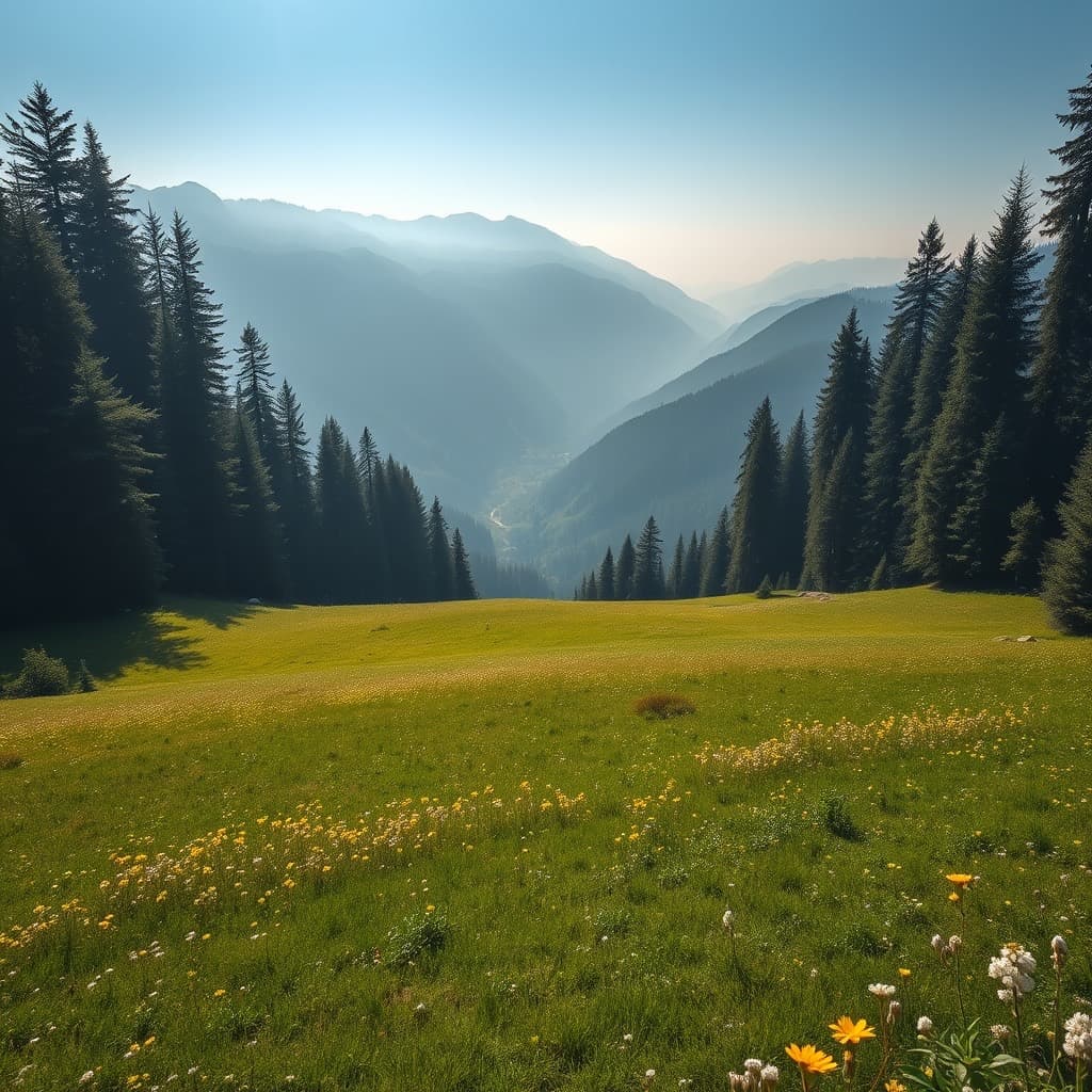 An open grassy meadow ringed by tall pine forest above a valley