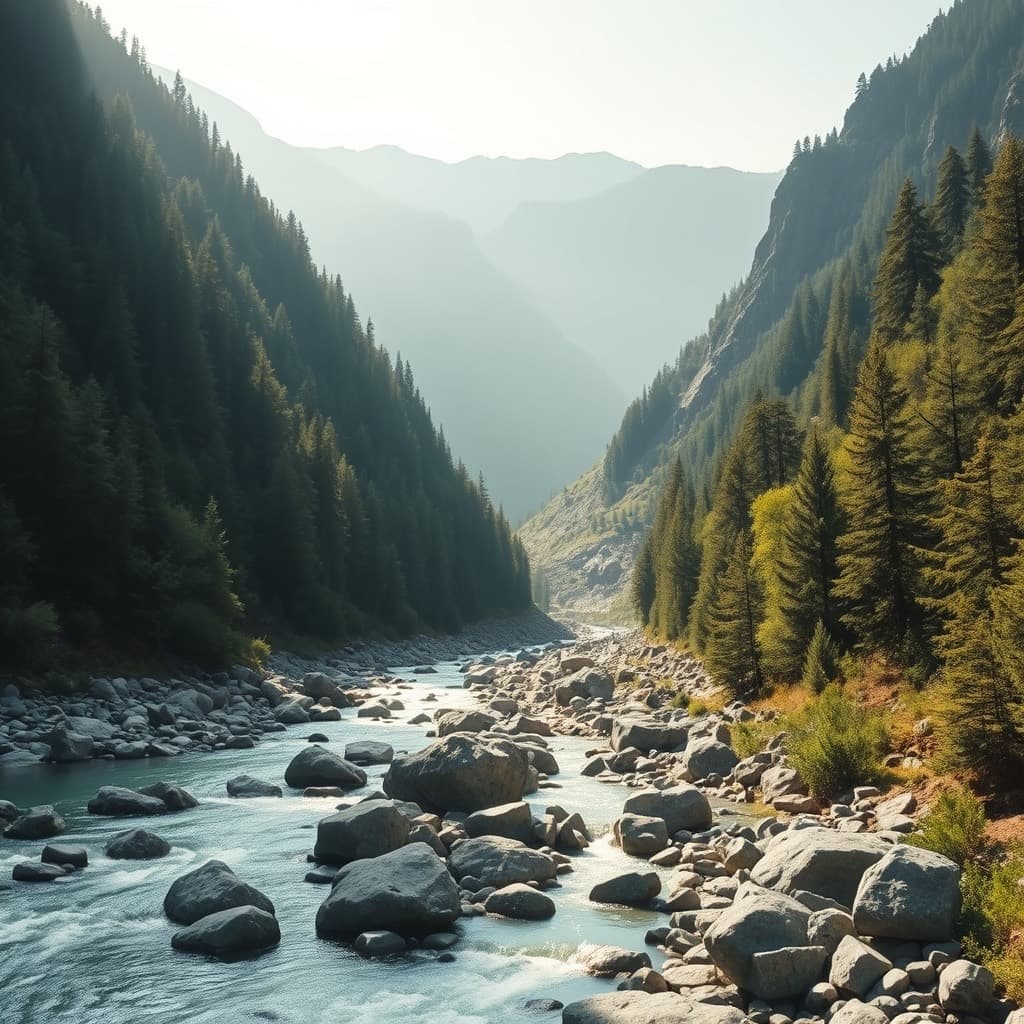 A green valley with a glacial river running over boulders between pine slopes