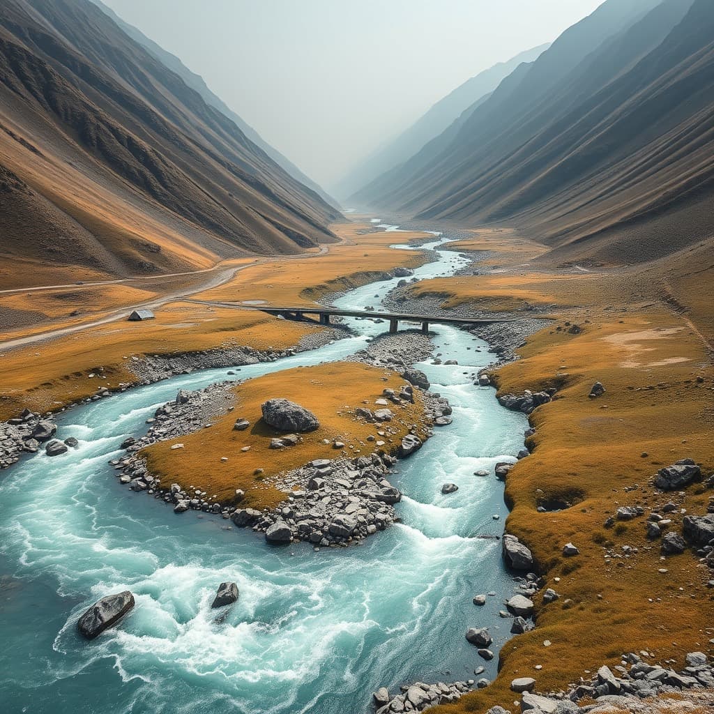 A wide turquoise river braiding through a broad valley of grass and boulders
