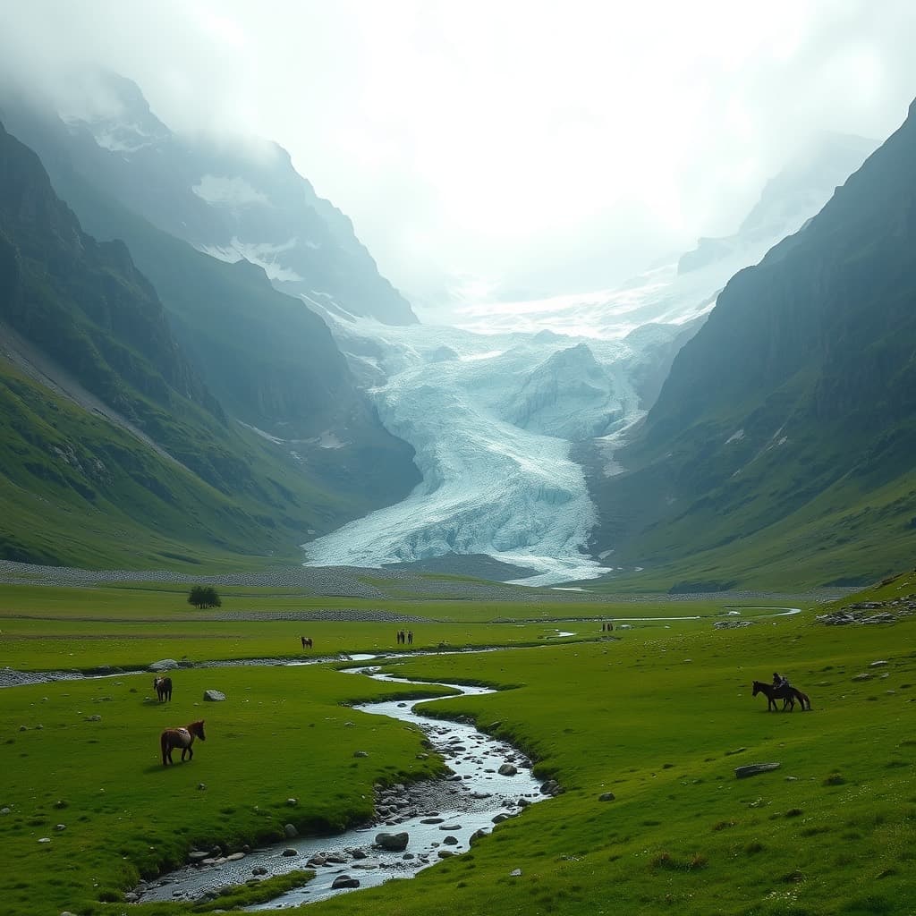 The snout of a glacier meeting a green meadow with a meltwater stream