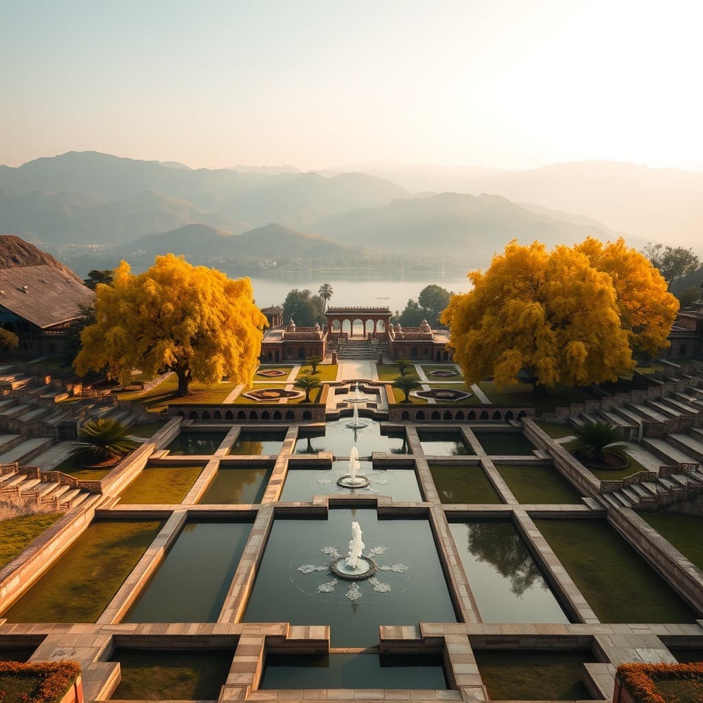 Terraced Mughal garden with water channels and chinar trees
