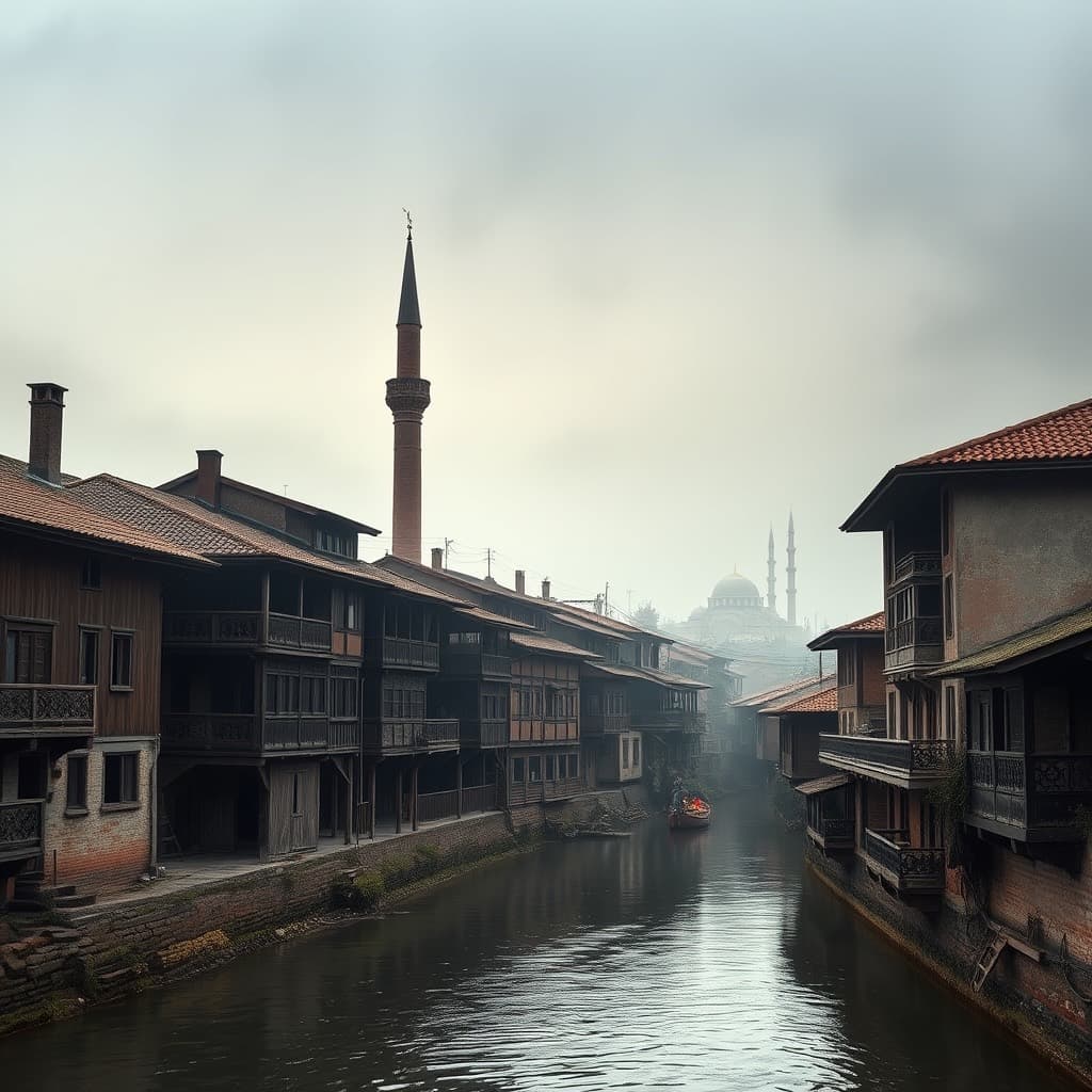 Old wooden riverside houses with carved balconies along the Jhelum